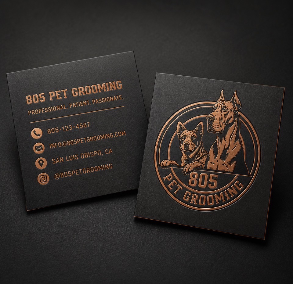 805 Pet Grooming black and copper brand cards
